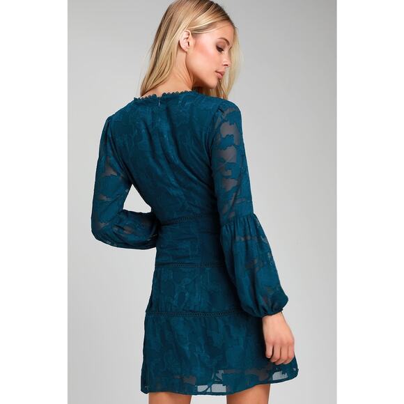 Lulus Sapphire Away Lace Burn Out Long Sleeve Dress Size XS Teal - Picture 4 of 9